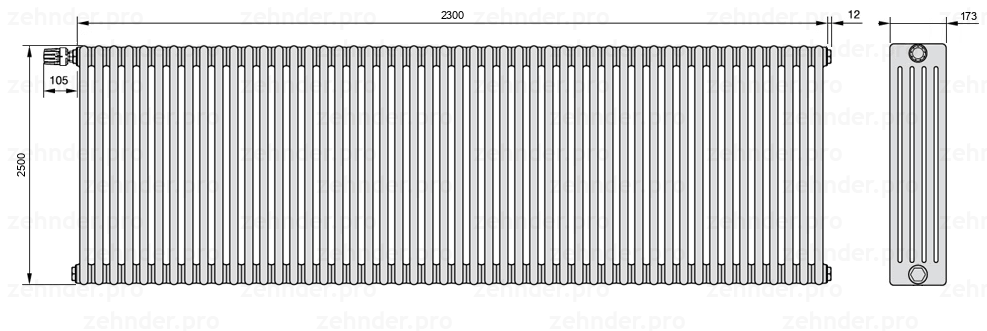 Схема (чертеж) Радиатор Zehnder Charleston 5250/50 №V012 Белый глянцевый RAL 9016